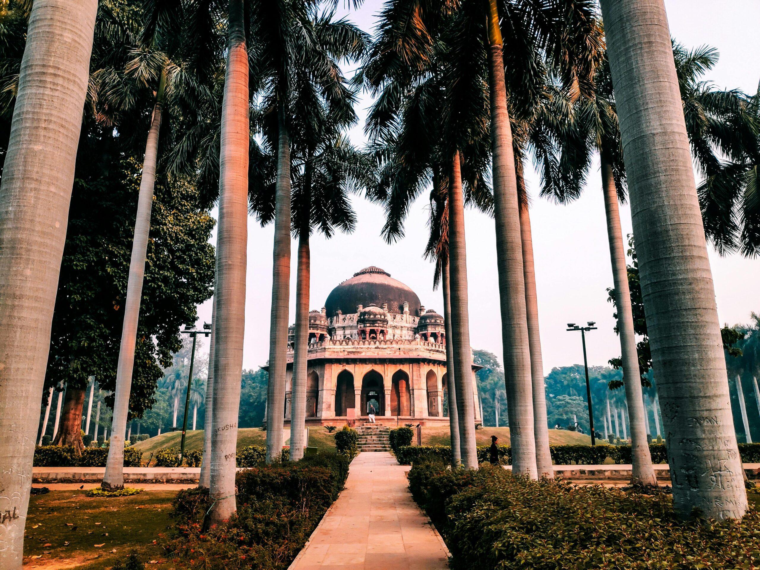 Scenic view of an ancient tomb surrounded by palm trees in New Delhi, India.