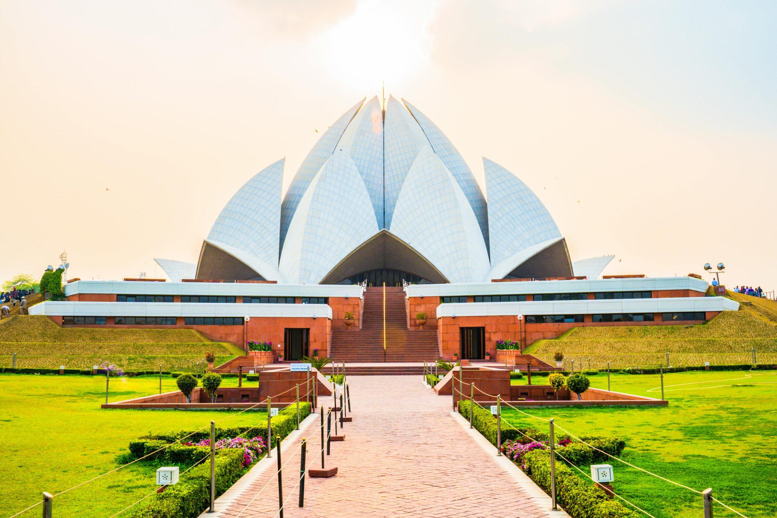 Stunning view of the Lotus Temple in New Delhi, India, showcasing its unique architectural design.
